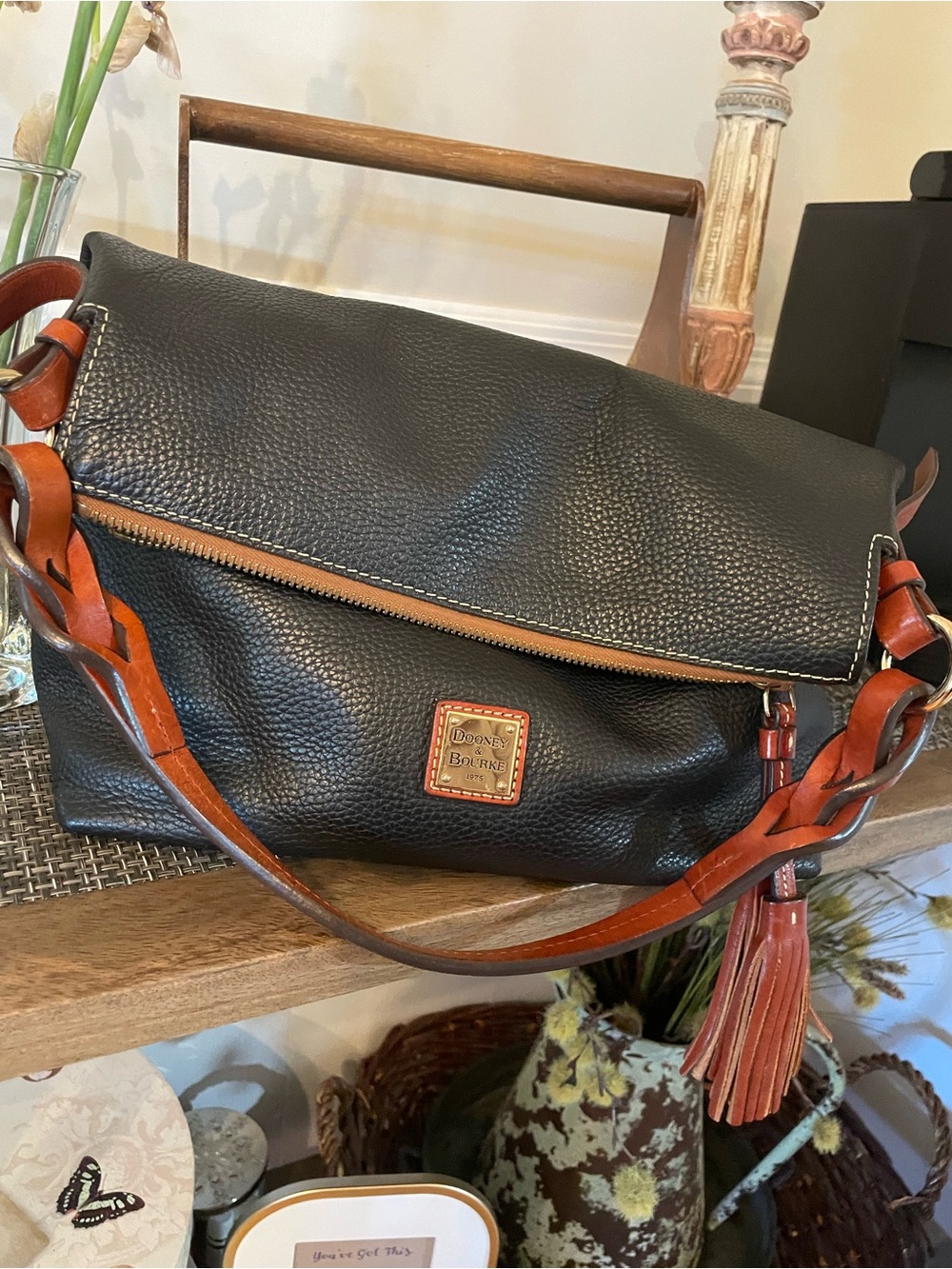 Dooney & Bourke Black Pebbled Leather Shoulder Bag with Brown Strap